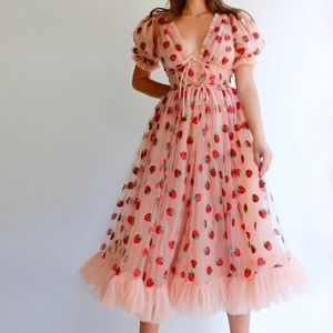Lirika Matoshi Womens XL Strawberry Midi Dress Pink Tulle Glitter Prom